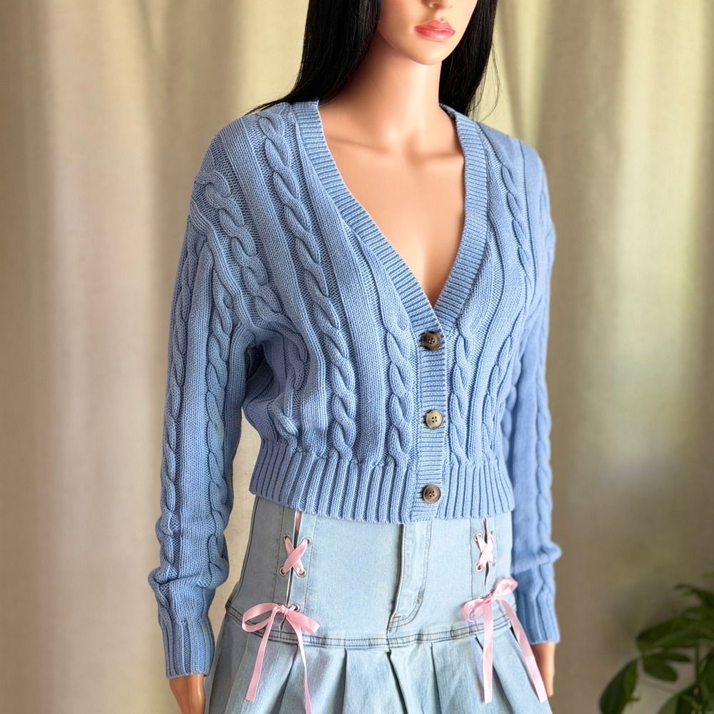 Elodie Blue Cable Knit Cropped Cardigan Cotton Sweater Coquette Soft Girl M